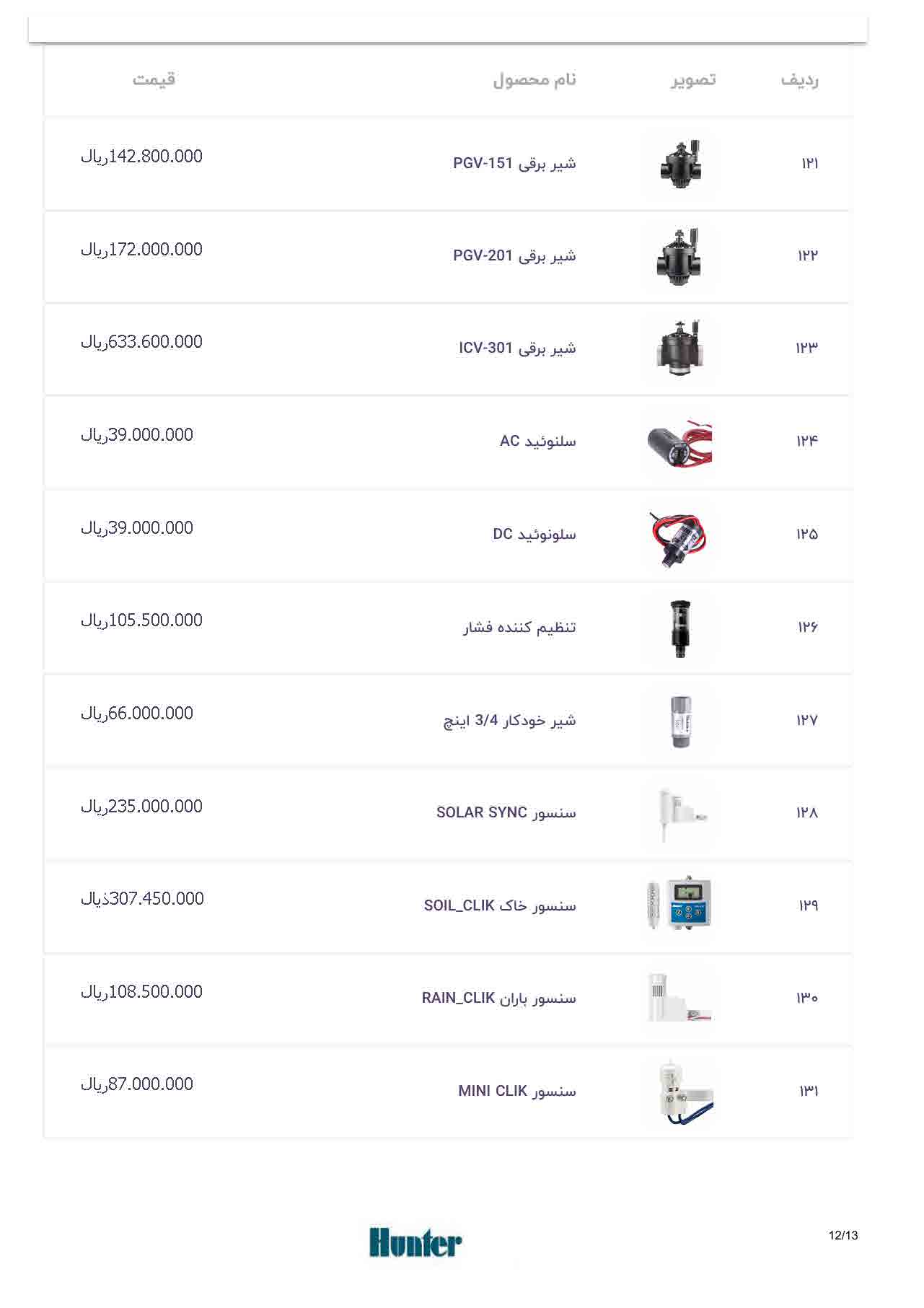 لیست قیمت هانتر، صفحه ۱۲