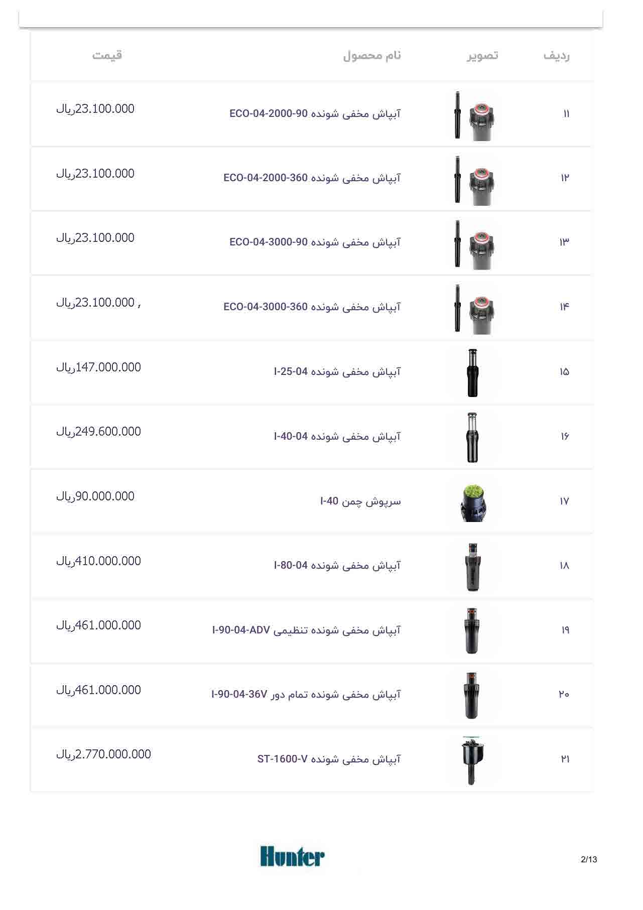 لیست قیمت هانتر، صفحه ۲