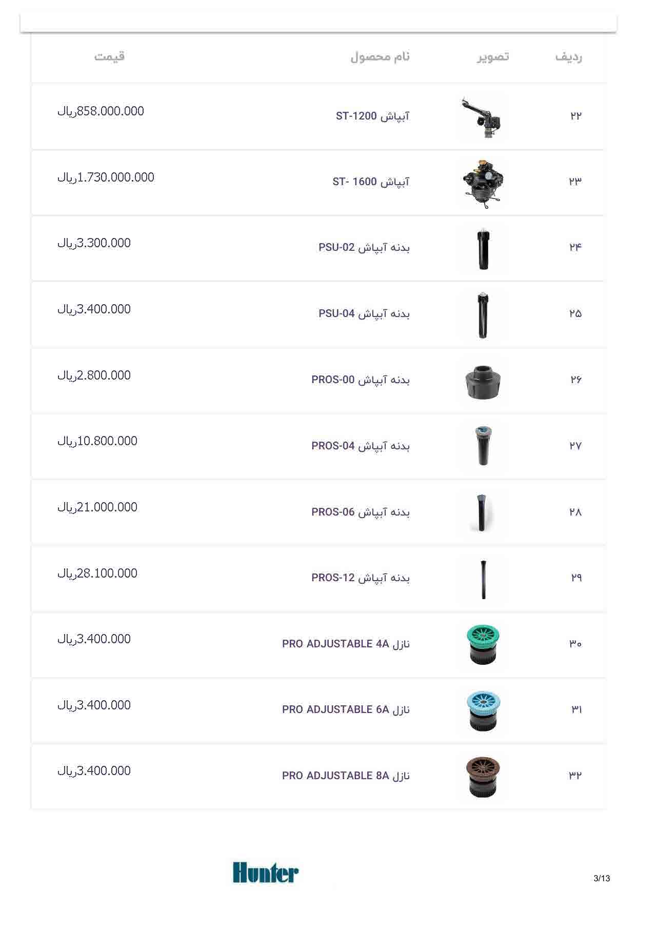 لیست قیمت هانتر، صفحه ۳