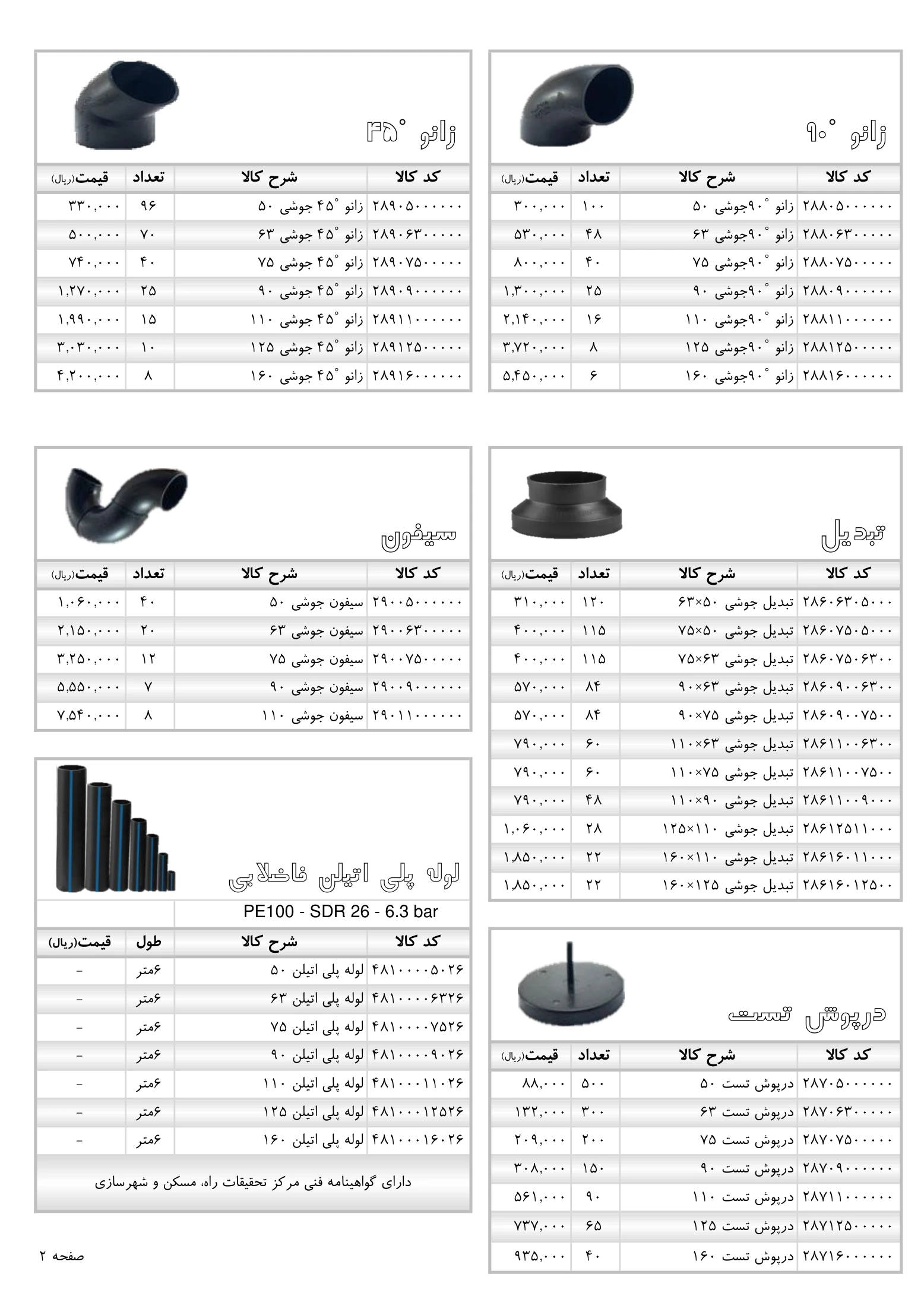لیست قیمت اتصالات فاضلابی پلی رود، صفحه ۲