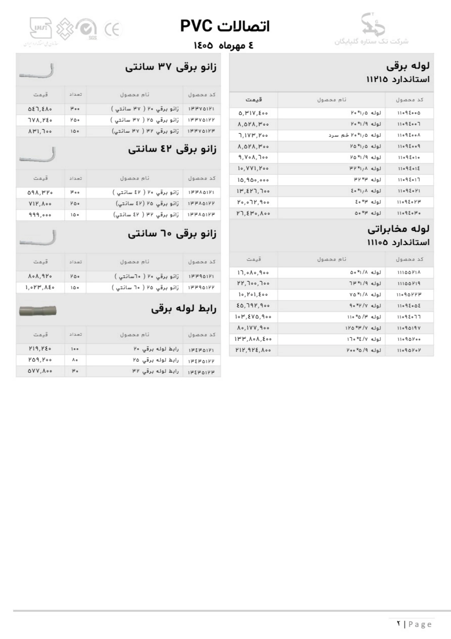لیست قیمت تک ستاره گلپایگان، صفحه ۱