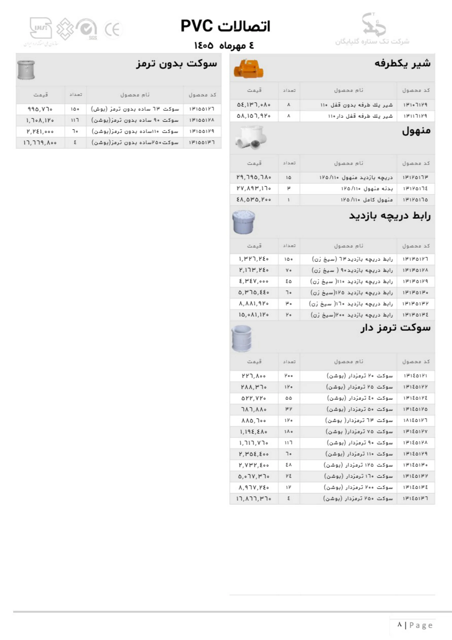 لیست قیمت تک ستاره گلپایگان، صفحه ۷